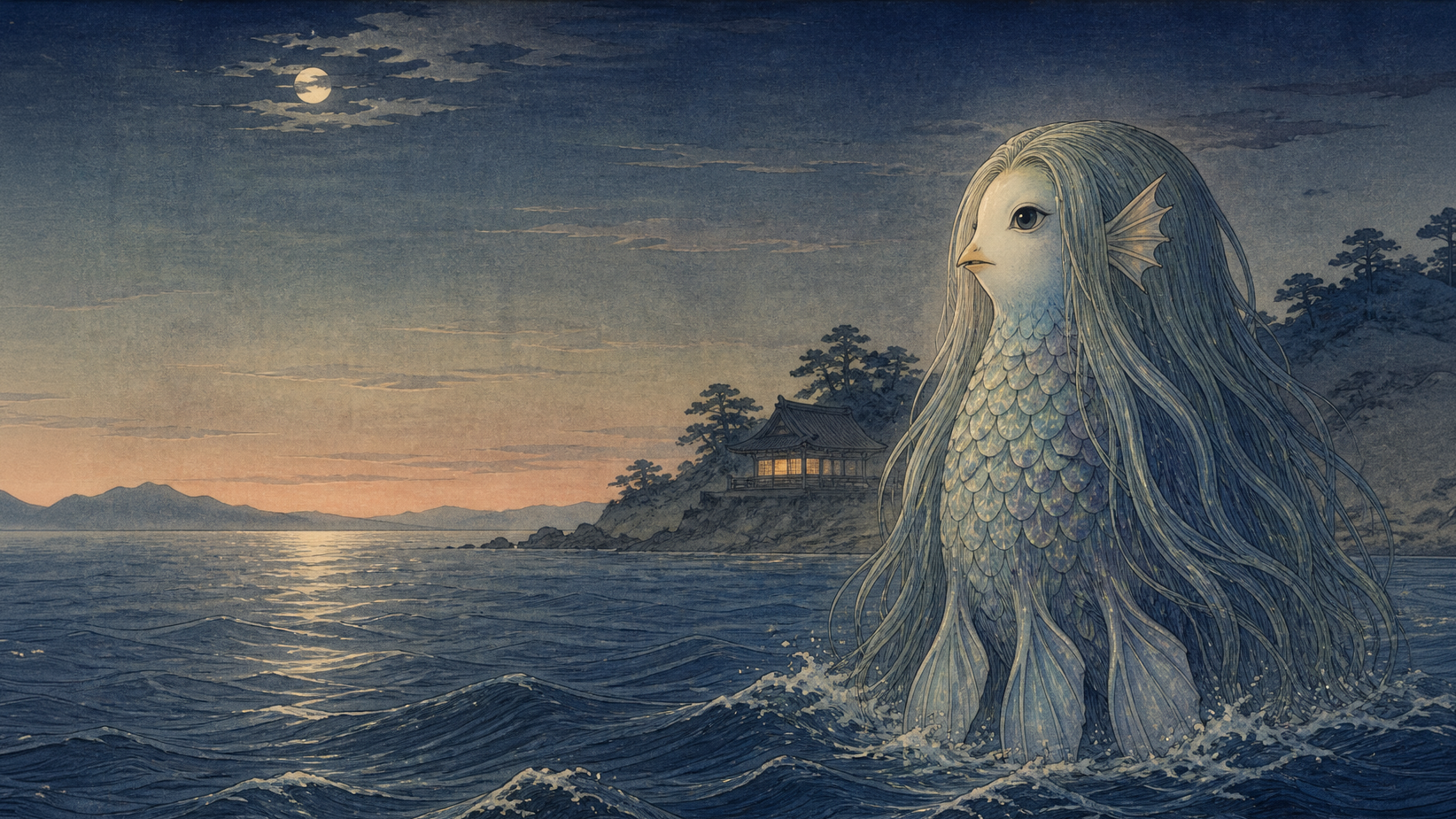 月夜の海から現れる、長い髪と魚のようなうろこを持つアマビエを題材にした幻想画