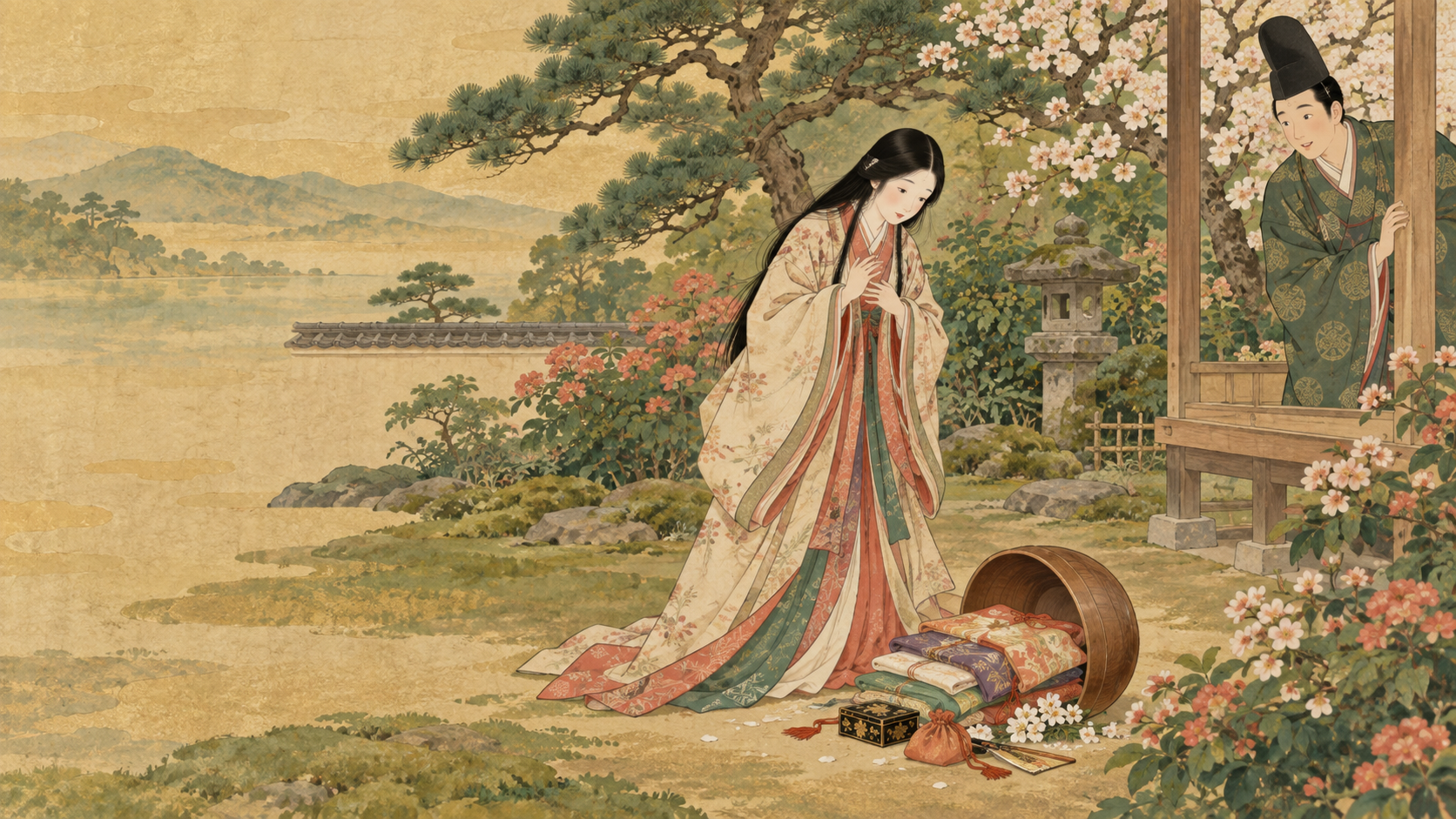 庭で鉢が落ち、衣装と宝物が現れる娘を、建物から見守る若者とともに描いた創作情景画。