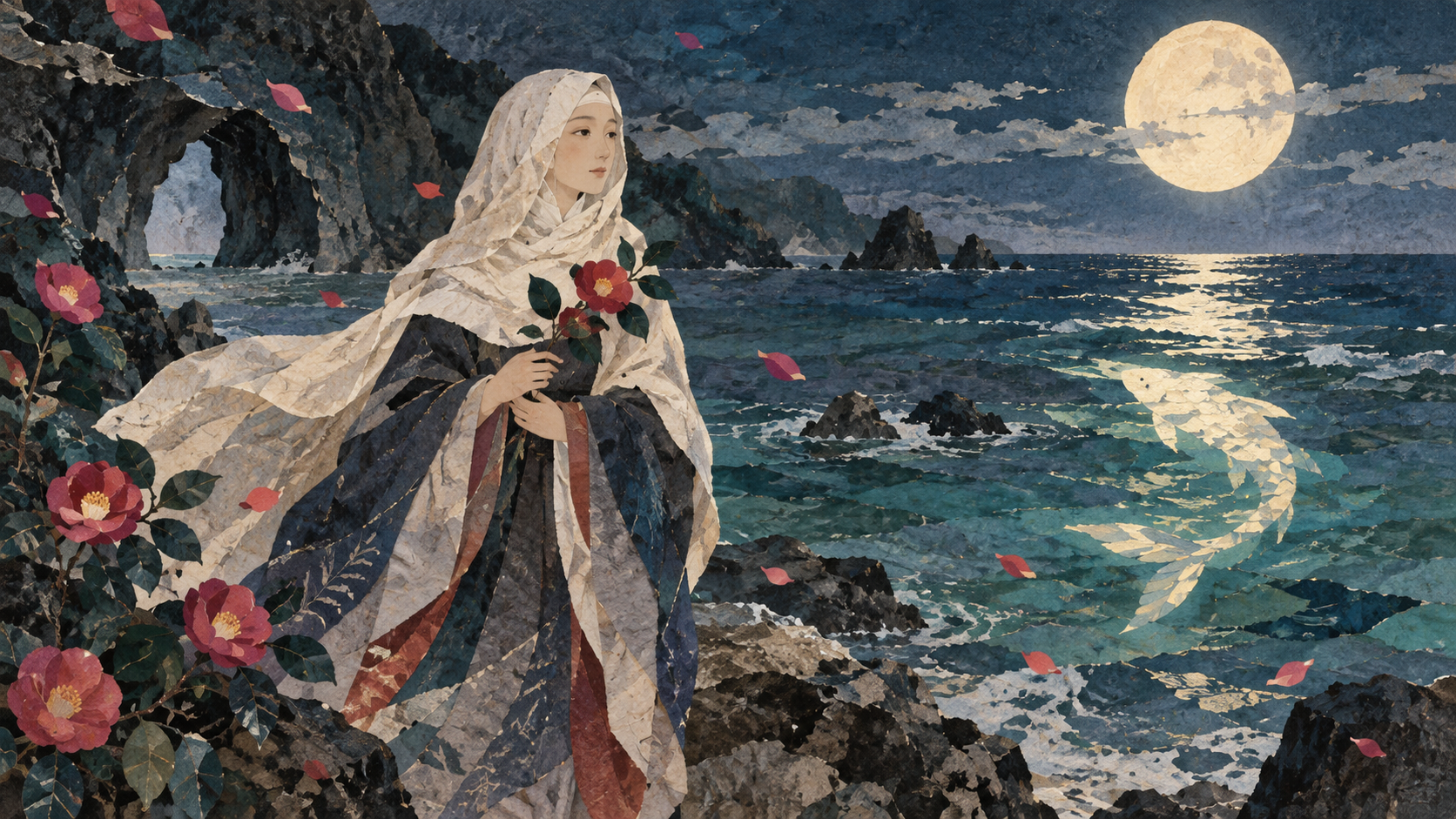月夜の架空の海辺で、椿を手にした白い尼と魚の影が描かれた幻想的な紙コラージュ風イラスト。