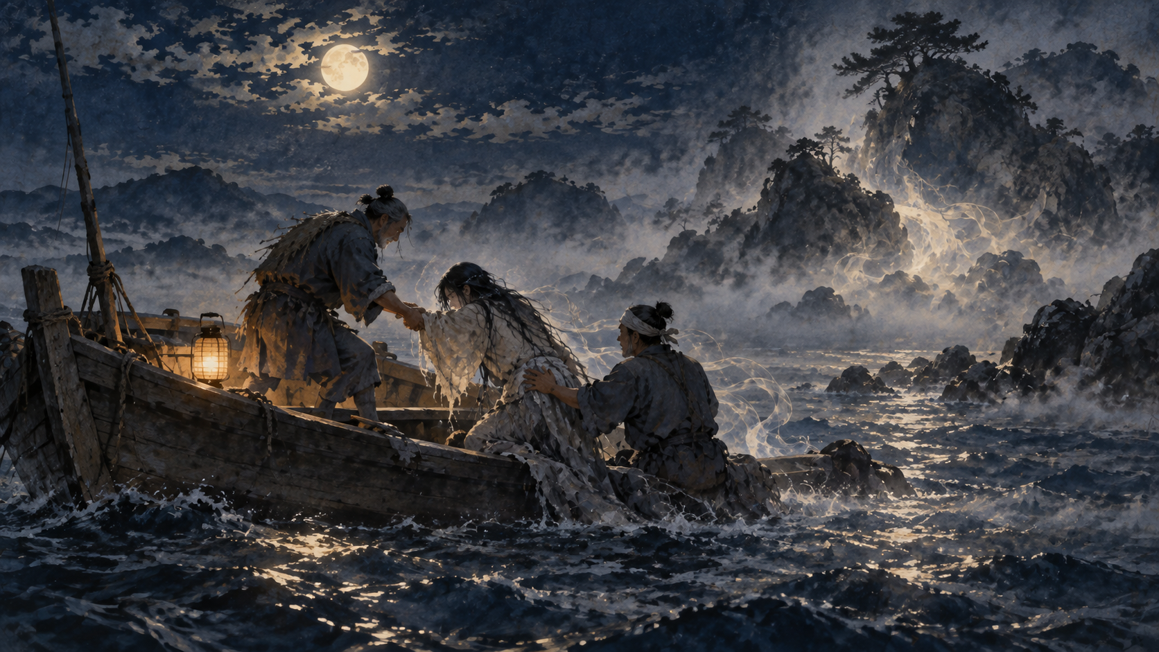 月と霧に包まれた海で、壱岐の釣り人たちが島で弱っていた百合若を船へ助け上げる幻想的な物語絵。