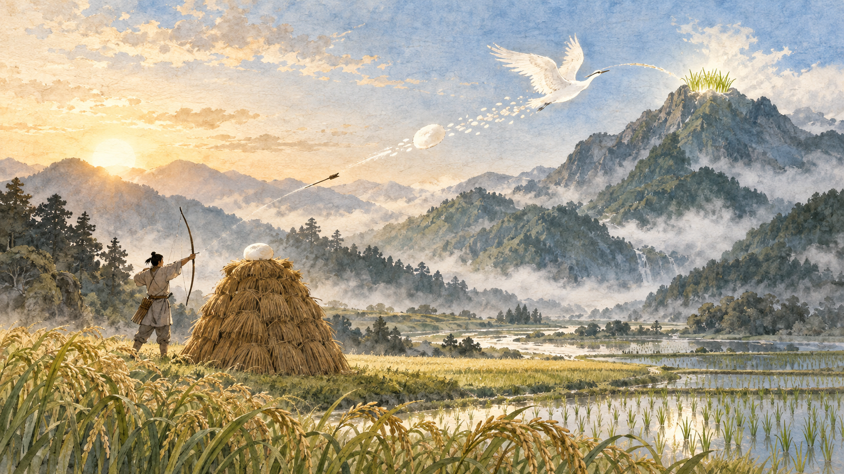 稲梁の上の餅から白鳥が飛び立ち、山の峰に稲が生じる場面を描いた、伊奈利社逸文をイメージするオリジナル生成イラスト