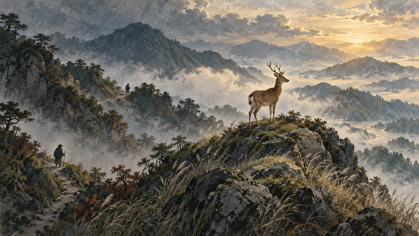 霧の山の峰に鹿が立ち、二つの山道を進む人物が異なる位置に描かれた、伊和大神と播磨国風土記をイメージするオリジナル生成イラスト