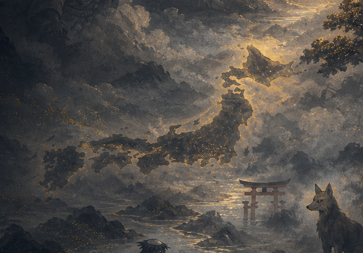 雲間に浮かぶ日本列島を描いた伝承地図の情景