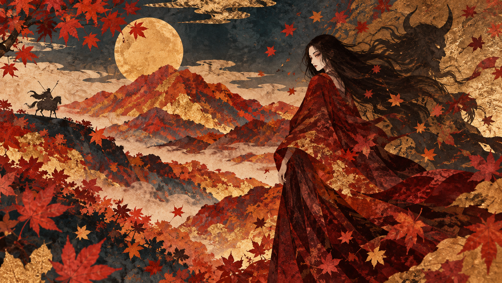 紅葉が舞う架空の山で、赤い衣の女性の影が角のある影へ変わり、遠くに武人の姿が見える劇画的な紙コラージュ風イラスト。