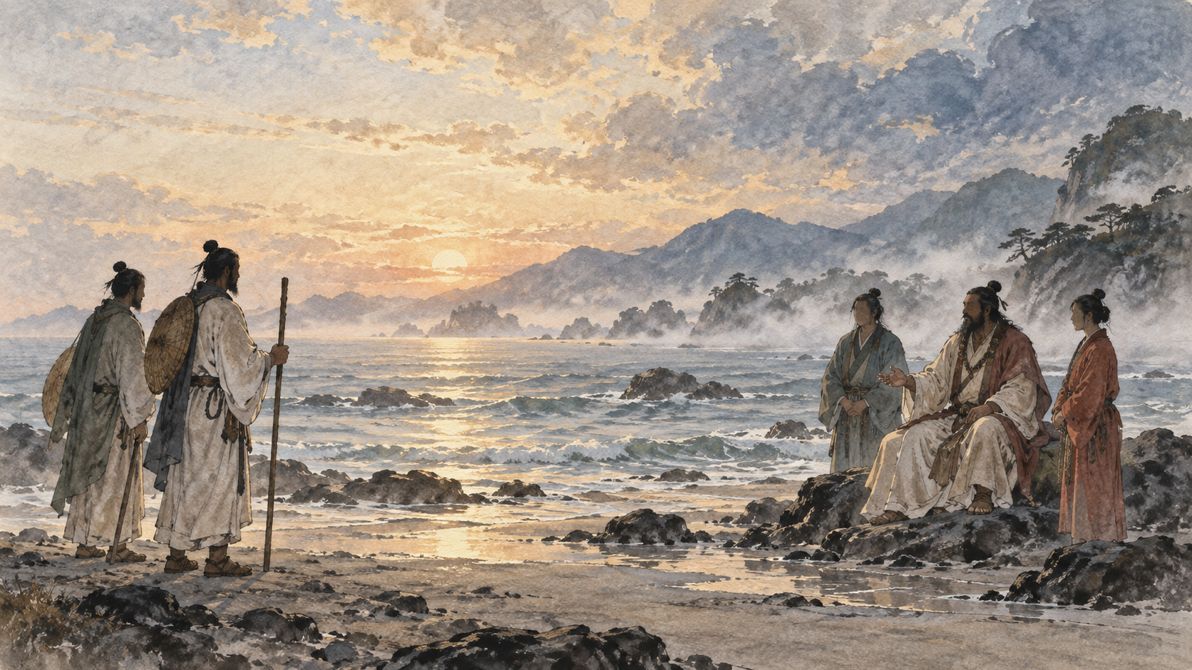海辺で向き合う使者と大国主神、その子どもたちを描いた、国譲りをイメージするオリジナル生成イラスト