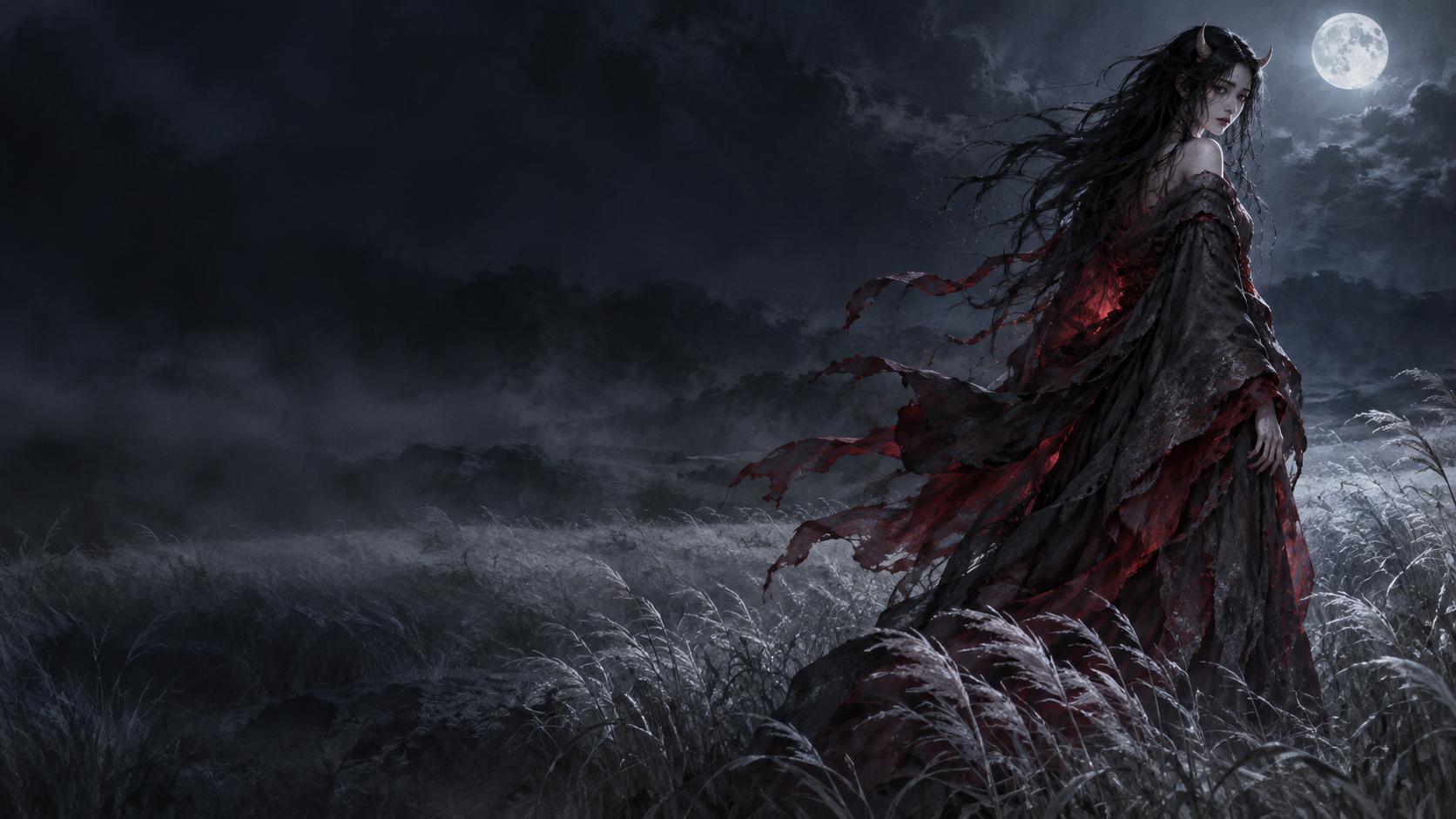 月明かりの野に立つ、長い髪と小さな角をもつ鬼女を描いた、能『黒塚』をイメージするオリジナル生成画