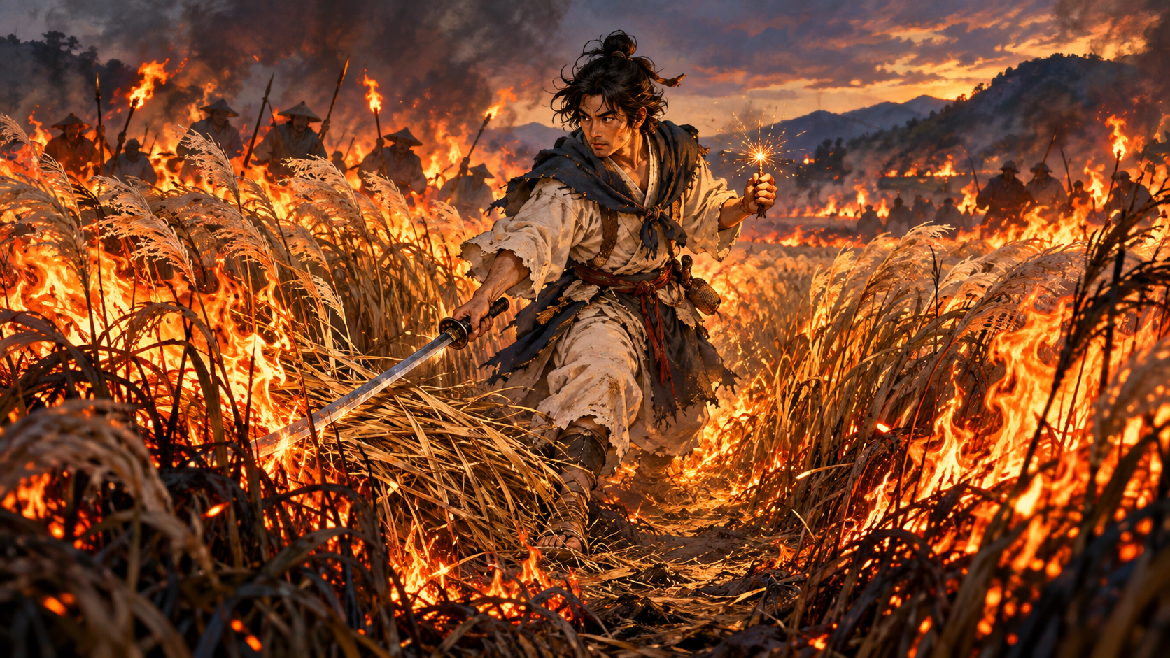 燃え広がる草むらで、日本武尊が剣で草を払い、火打具の火花を掲げて進路を開く場面の創作イラスト。