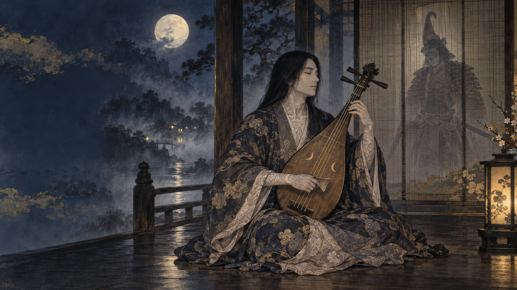 月夜の縁側で琵琶を奏でる芳一と、障子の向こうに淡く現れる武者の影を描いた創作情景画。
