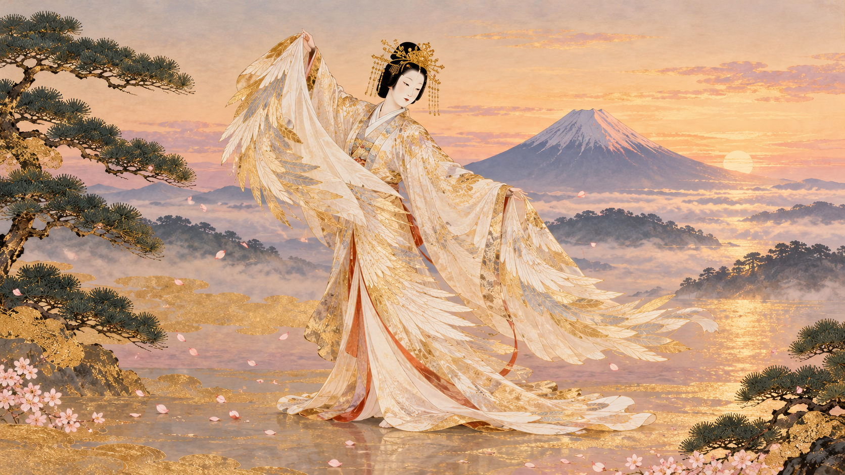 羽衣をまとった天女が舞い、背後に富士山の姿を描いた、能「羽衣」をもとにした創作イラスト。