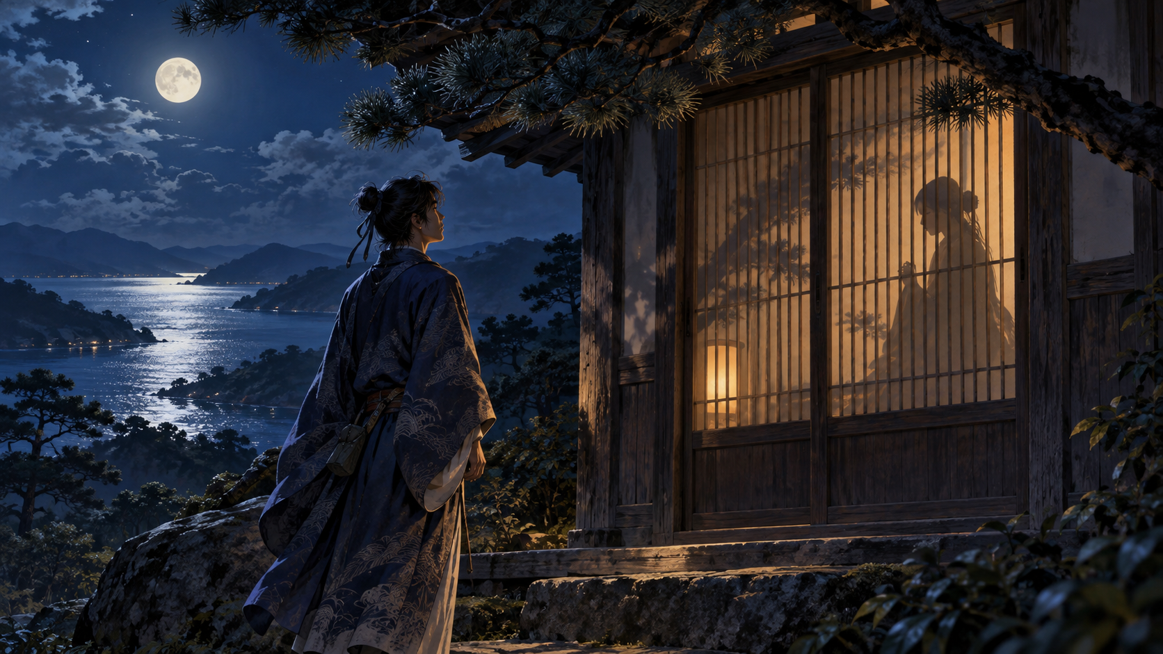月夜、家の戸口で歌を贈る八千矛神と、戸の向こうにいる沼河比売。