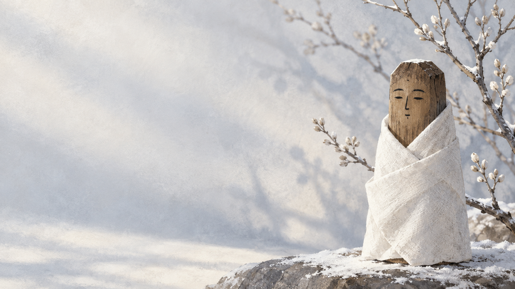 白い布をまとった小さな木の家の神像を描いた、『遠野物語』のオシラサマをイメージするオリジナル生成画