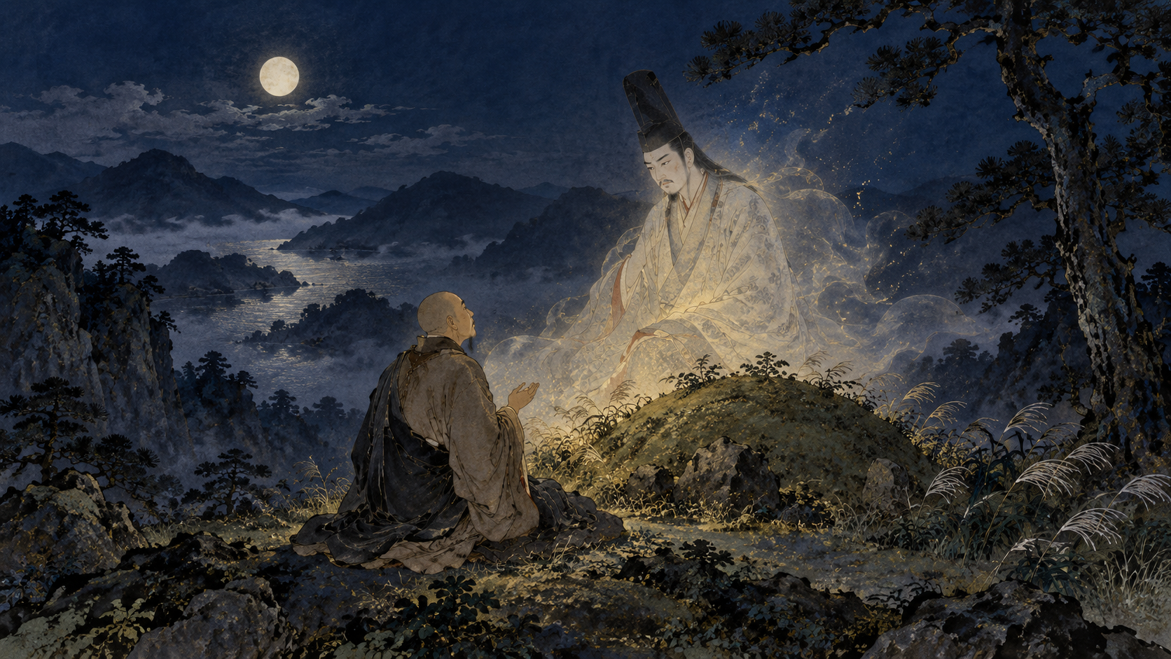 夜の山で、西行が崇徳院の霊に歌を捧げ、院の周囲の光が薄れていく、『雨月物語』「白峯」の創作イラスト。