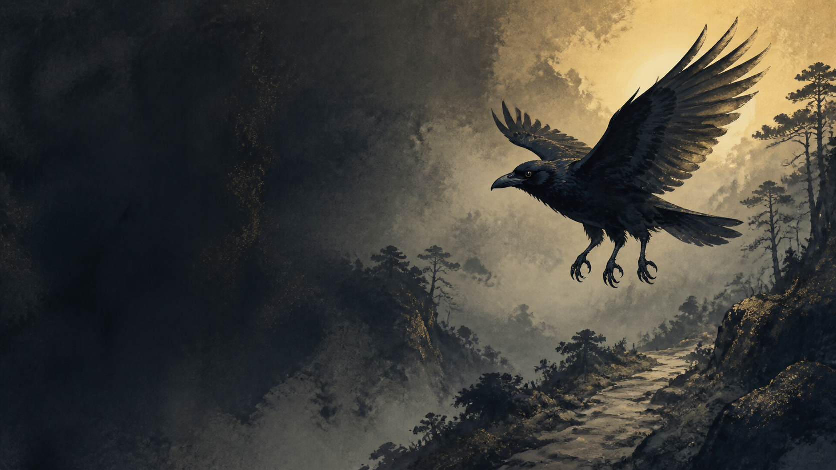 山道の上空を飛び、旅人を導く黒い烏の幻想的なイラスト