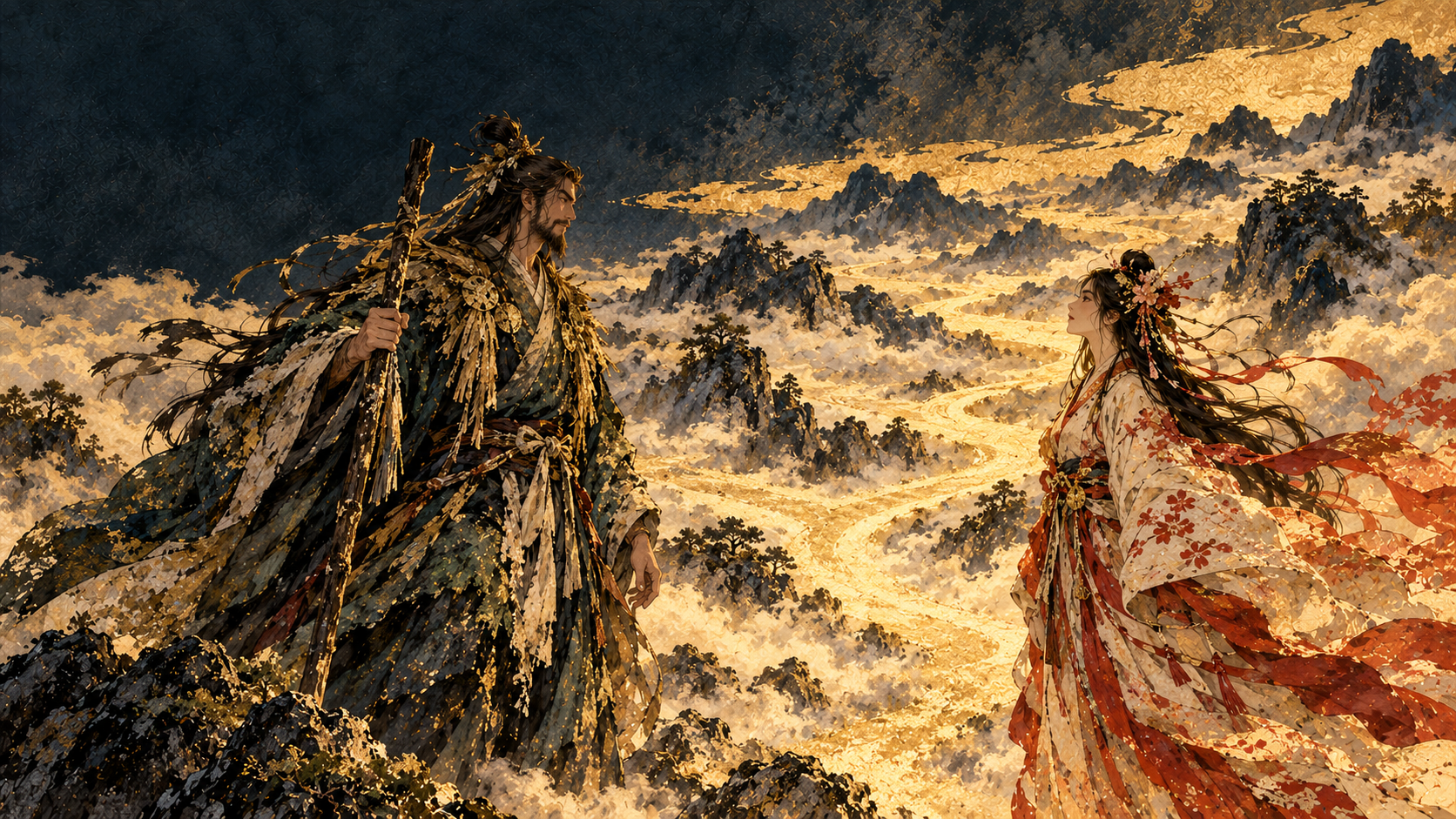 天と地を照らす光の道で向き合う猿田毘古神と天宇受売神の神話絵。