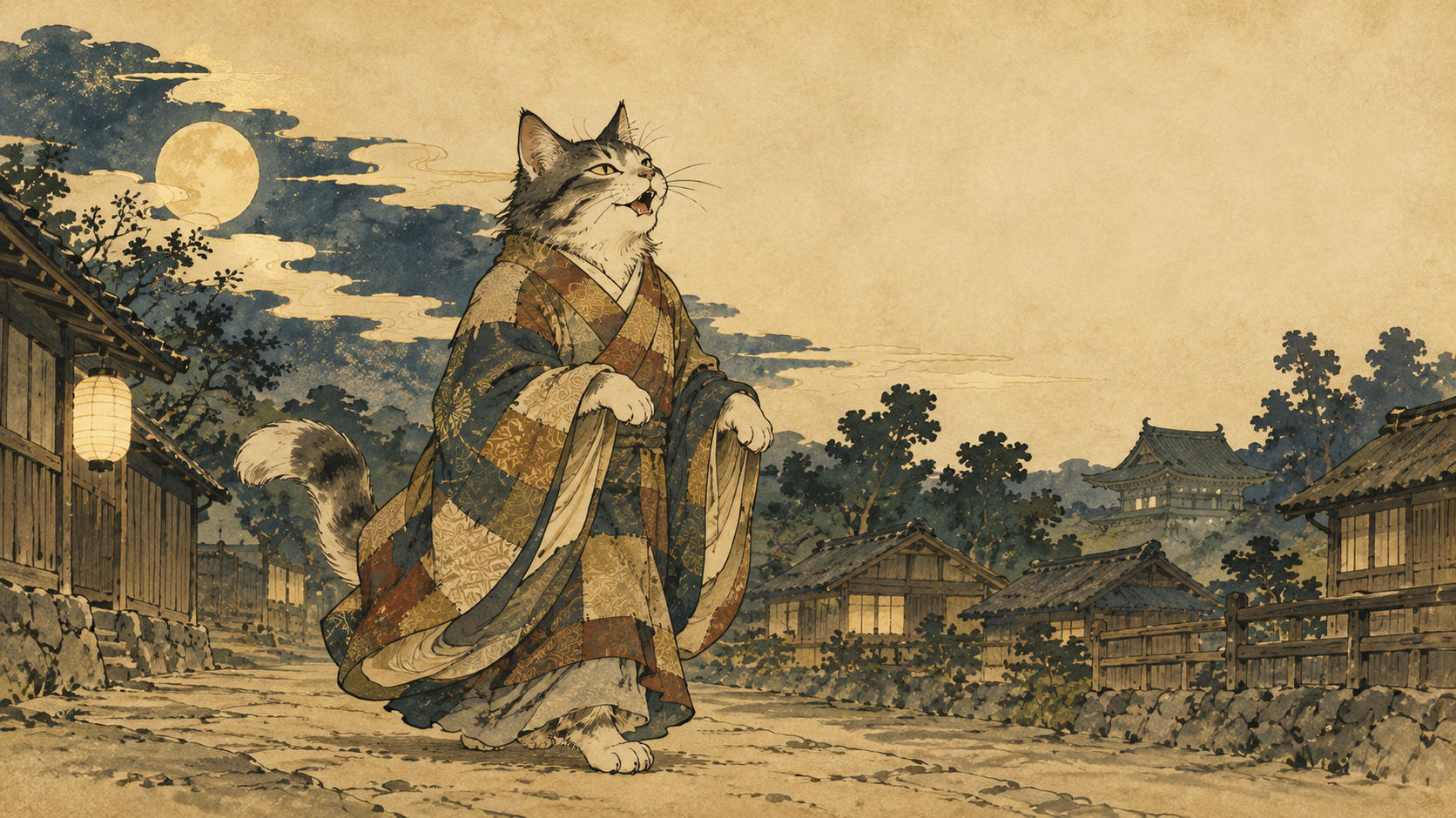 袈裟をかぶった猫が、夜の町を歌いながら歩く創作イメージ