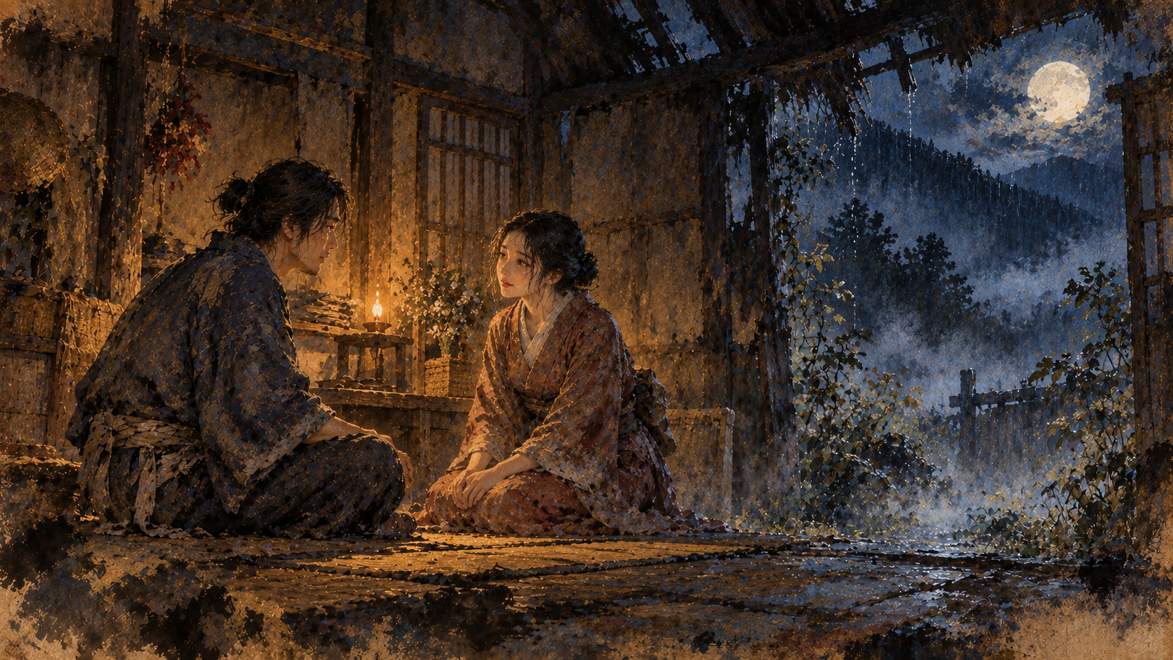 月夜の荒れた家で七年ぶりに向き合う勝四郎と宮木を描いた創作イメージ。