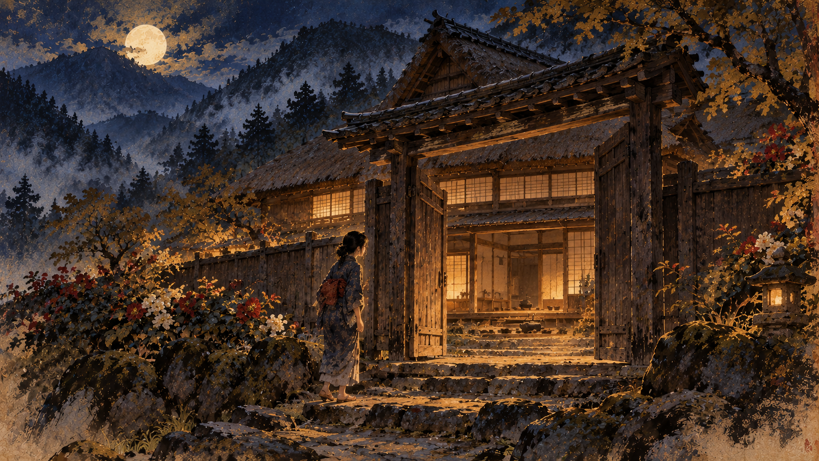 山中の幻の家に迷い込んだ女性と、花咲く庭、無人の座敷を描いた創作イメージ。